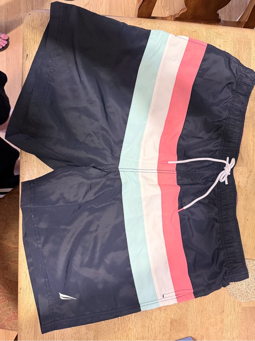 Nautica Navy Swim Shorts with Mint, White & Coral Stripes